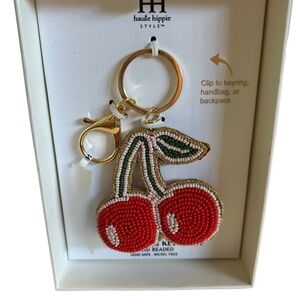 Haute Hippie Beaded Cherry Red & Green Keychain Bag Charm NIB